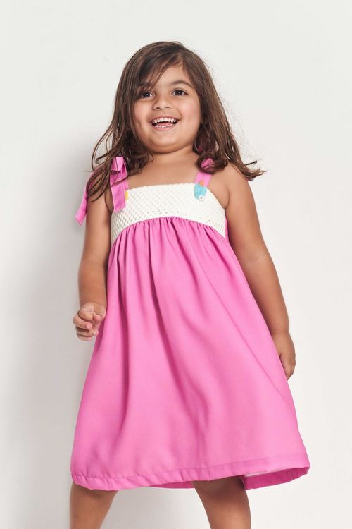 Vestido Infantil Esconde Esconde No Jardim – Tam. 1 a 12 anos – Rosa e Off White