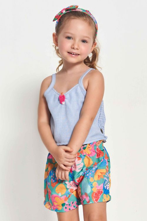 Conjunto Infantil Menina Top + Short Estampa Esconde, Esconde No Jardim – Tam. 1 a 12 anos – Azul e Verde