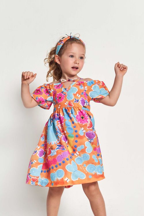 Vestido Infantil Estampa Entre Borboletas – Tam. 1 a 12 anos – Laranja