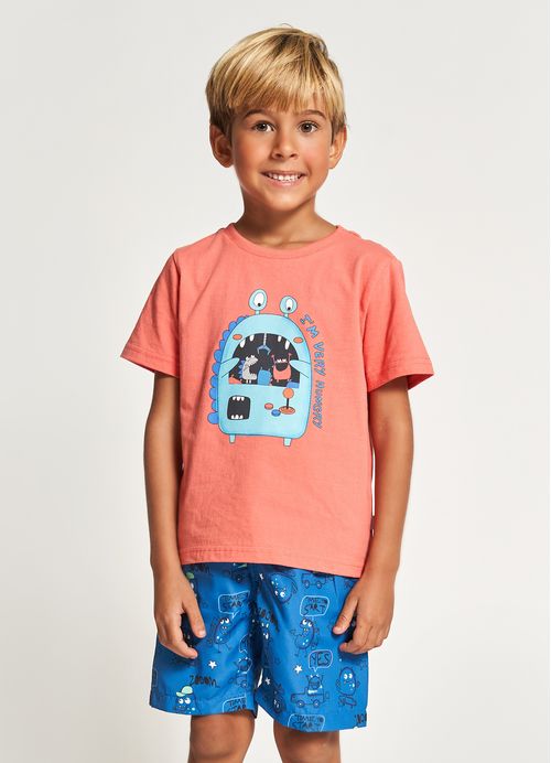 Conjunto Infantil Menino Camiseta + Bermuda Estampa Monstrinhos – Tam. 1 a 12 anos – Coral e Royal
