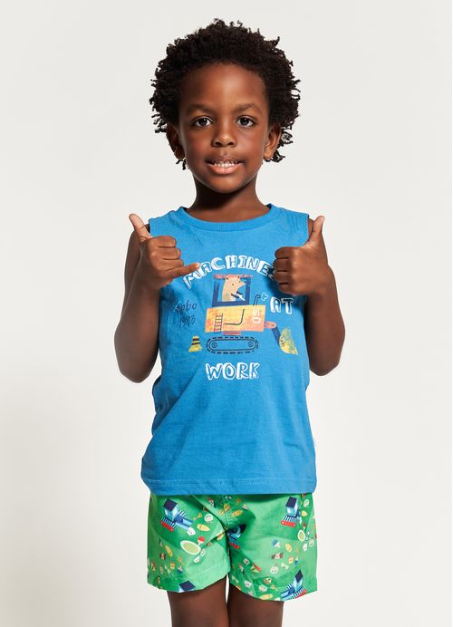 Conjunto Infantil Menino Regata + Bermuda Estampa Brinquedos – Tam. 1 a 12 anos – Azul e Verde