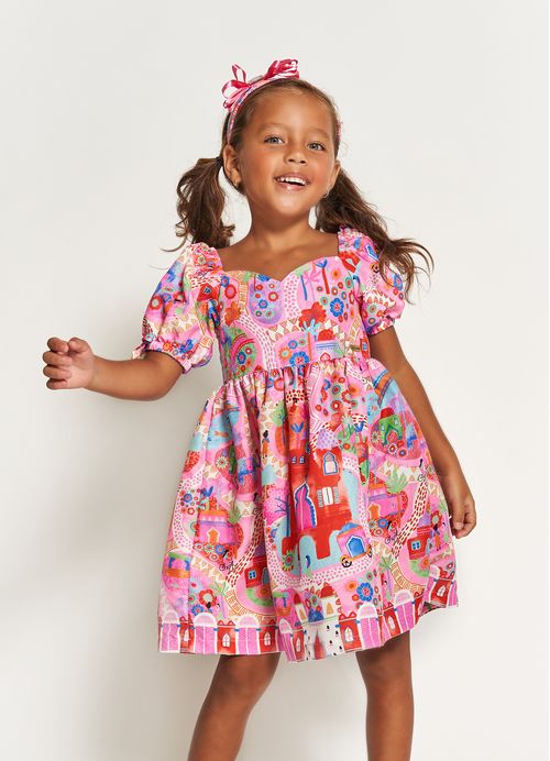 Vestido Infantil Estampa Casa de Princesa – Tam. 1 a 12 anos – Rosa
