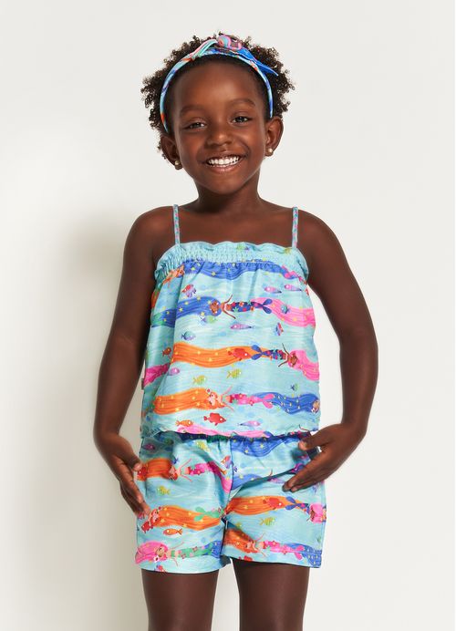 Conjunto Infantil Menina Regata + Short Estampa Mar Em Cores – Tam. 1 a 12 anos – Azul