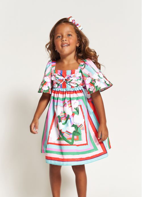 Vestido Infantil Estampa Color Flor – Tam. 1 a 12 anos – Branco, Azul Piscina e Vermelho