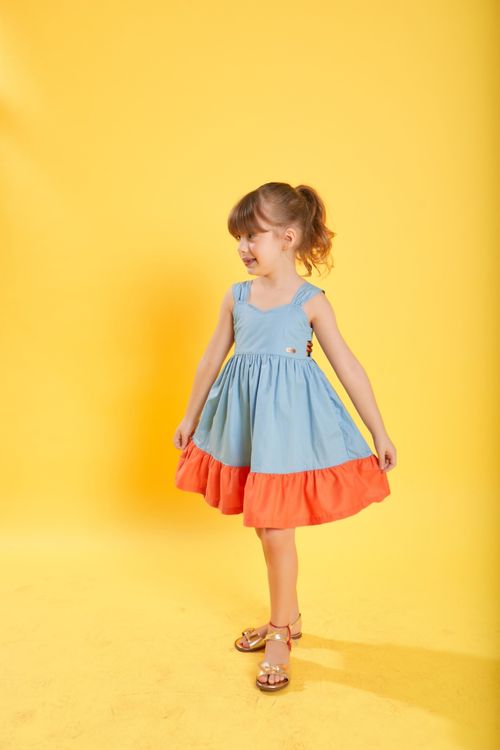 Vestido Infantil Aquarela de Flor – Tam. 1 a 12 anos – Azul e Laranja