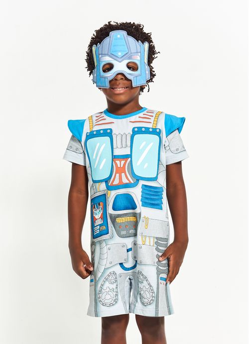 Conjunto Infantil Menino Macacão + Máscara Estampa Carnaval Robozinho – Tam. 1 a 12 anos – Gelo