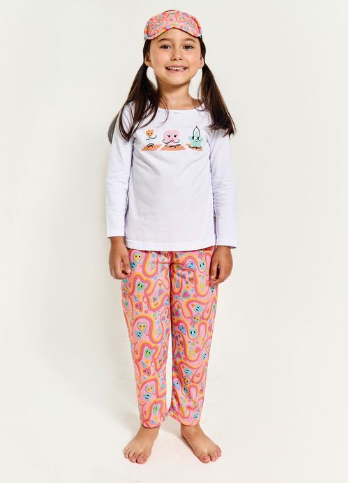 Conjunto Infantil Menina Pijama + Tapa Olho Estampa Pop Love – Tam. 2 a 12 anos – Branco e Rosa