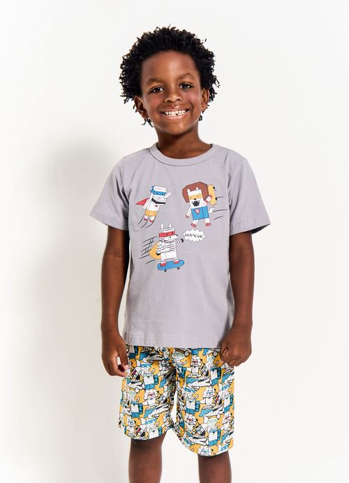 Conjunto Infantil Menino Camiseta + Bermuda Estampa Super Bichinhos – Tam. 2 a 12 anos- Amarelo e Cinza