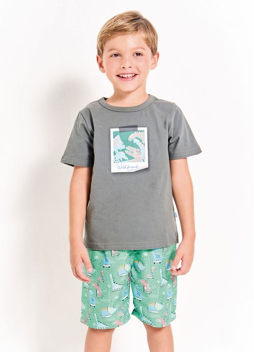 Conjunto Infantil Menino Camiseta + Bermuda Estampa Dino Radical– Tam. 2 a 12 anos- Verde e Chumbo