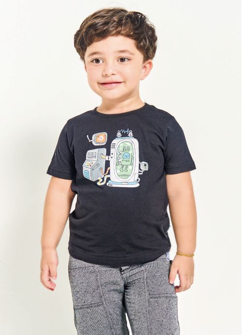 Camiseta Infantil Menino Estampa Meu Amigo Robô – Tam. 2 a 12 anos – Preto