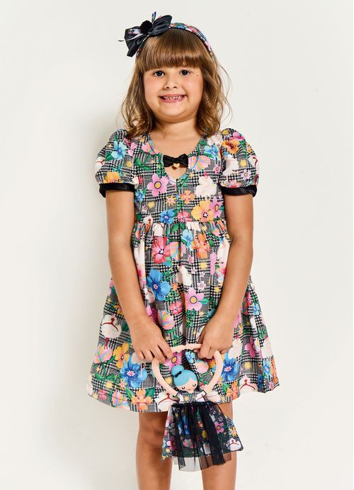 Vestido Infantil Estampa Ballet Entre Flores – Tam. 2 a 12 anos – Preto e Branco