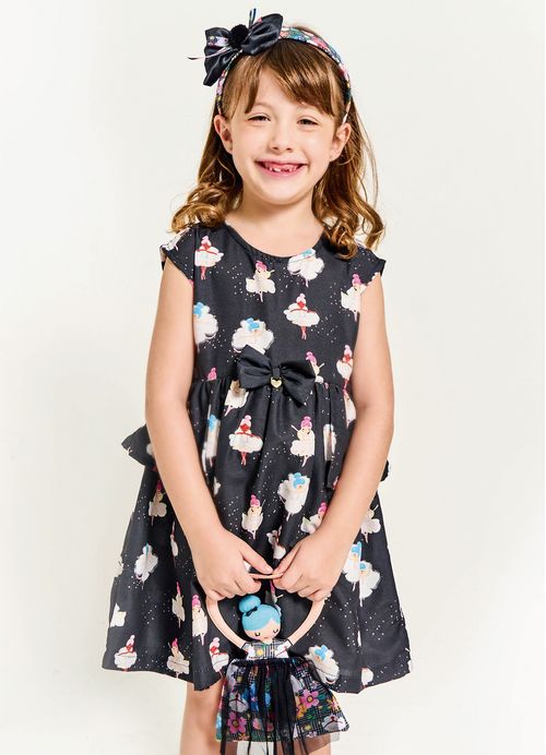 Vestido Infantil Estampa Ballet Entre Flores – Tam. 2 a 12 anos – Preto