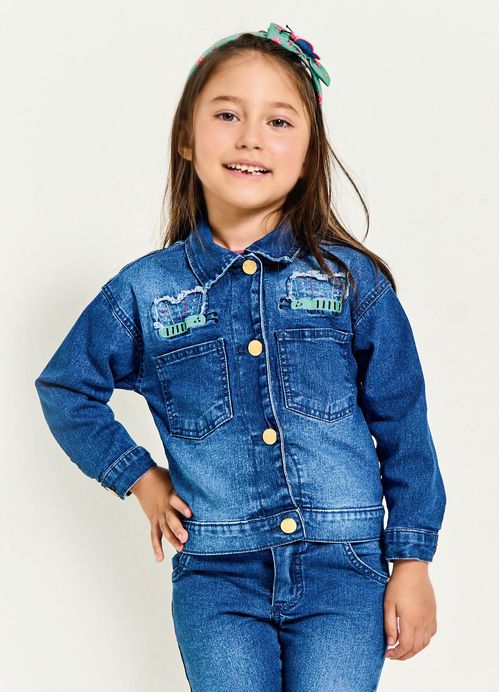 Jaqueta Infantil Menina Estampa Jardim Mágico – Tam. 2 a 12 anos – Jeans