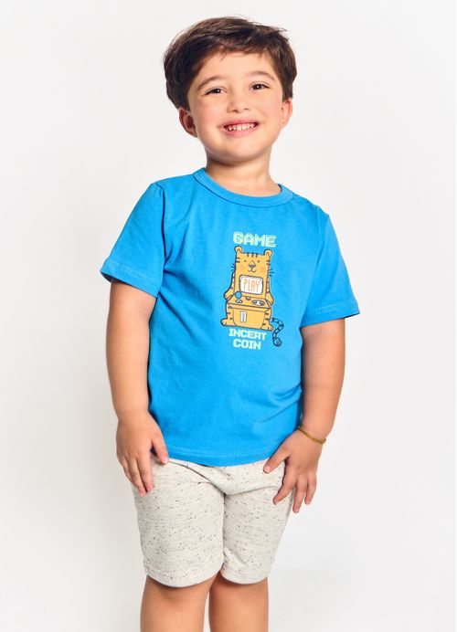 Conjunto Infantil Menino Camiseta + Bermuda Estampa Tigrinho Gamer - Tam. 2 a 12 anos –  Azul e CRU