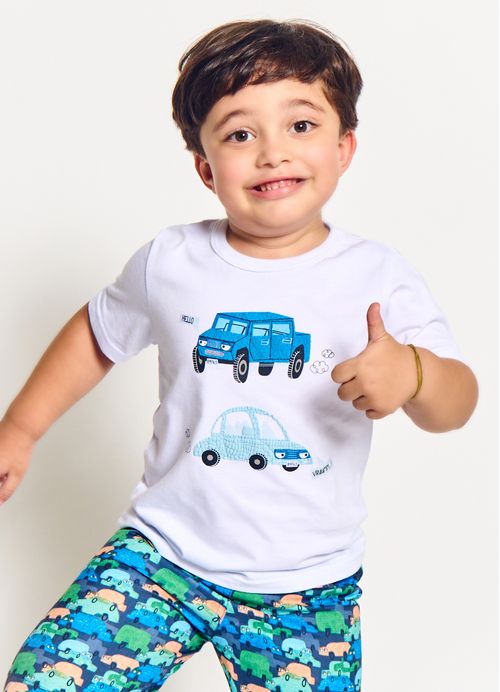 Conjunto Infantil Menino Camiseta + Bermuda Estampa Carrinhos Coloridos - Tam. 2 a 12 anos –  Marinho e Branco