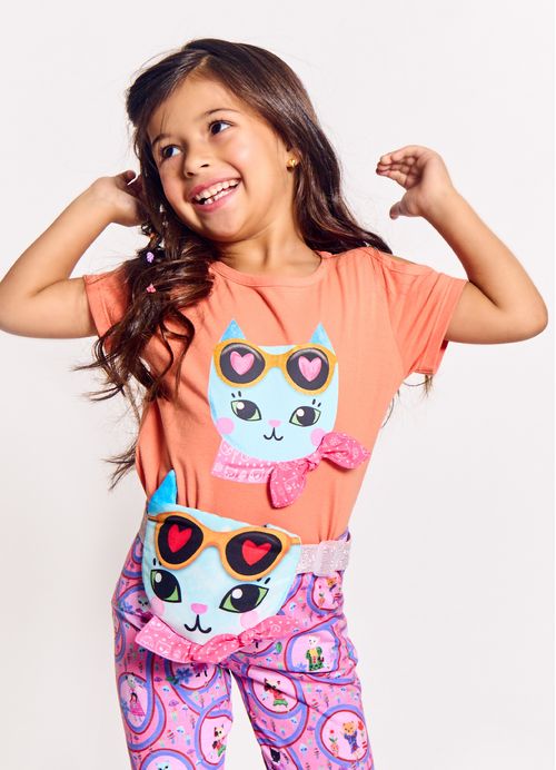 Blusa Infantil Menina Estampa Os Gatinhos Também Brincam - Tam. 2 a 12 anos - Laranja