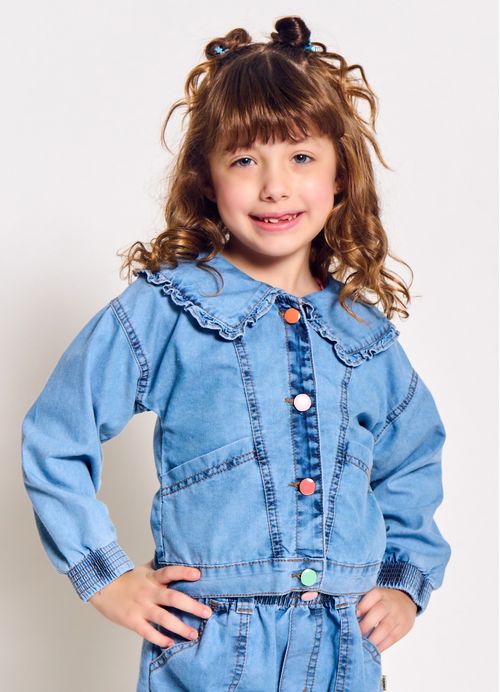 Jaqueta Infantil Menina Estampa Bosque Aquático - Tam. 2 a 12 anos - Jeans