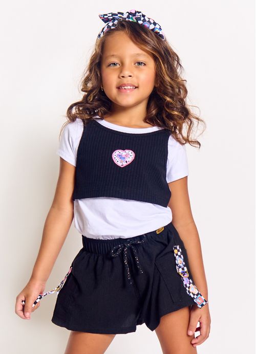 Blusa Infantil Menina Estampa Pop Divertido - Tam. 2 a 12 anos – Branco e Preto