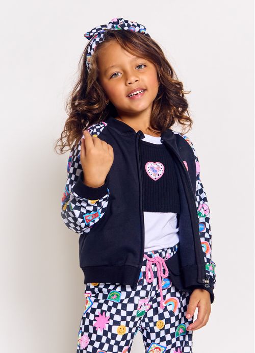 Casaco Infantil Menina Estampa Pop Divertido - Tam. 2 a 12 anos – Preto e Branco