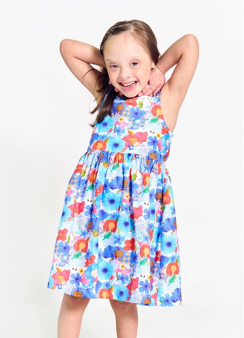 Vestido Infantil Estampa Jardim Real – Tam. 2 a 12 anos – Branco e Azul