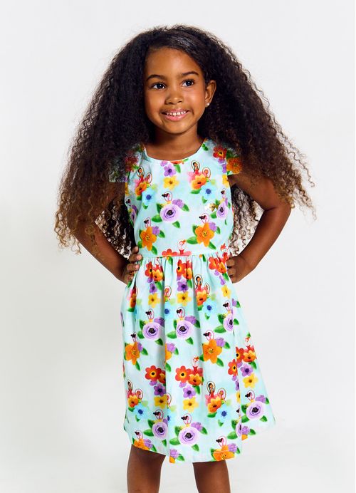 Vestido Infantil Estampa Balé das Flores - Tam. 2 a 12 anos –Azul