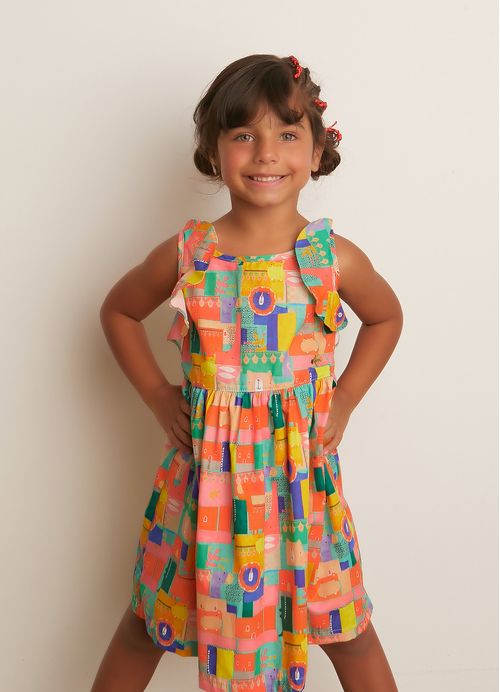 Vestido Infantil Estampa Animania – Tam. 2 a 12 anos – Verde e Laranja