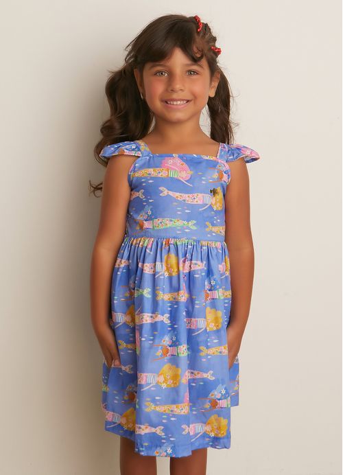 Vestido Infantil Estampa Sereia se Divertindo – Tam. 2 a 12 anos – Azul