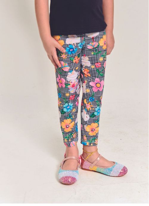 Legging  Infantil Menina Estampa Ballet Entre Flores – Tam. 2 a 12 anos – Preto e Branco