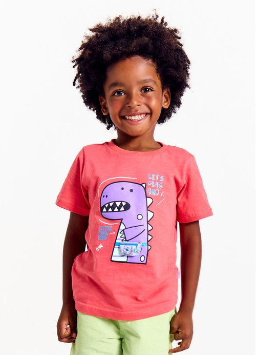 Camiseta Infantil Menino Estampa Brincando Com Dinos – Tam. 1 a 12 anos – Mostarda