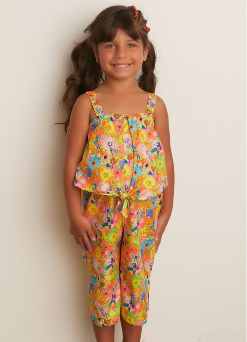 Macacão Infantil Menina Estampa Flores – Tam. 2 a 12 anos – Amarelo