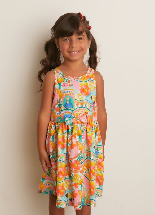 Vestido Infantil Menina Estampa Estória Encantada– Tam. 2 a 12 anos –  Branco e Laranja