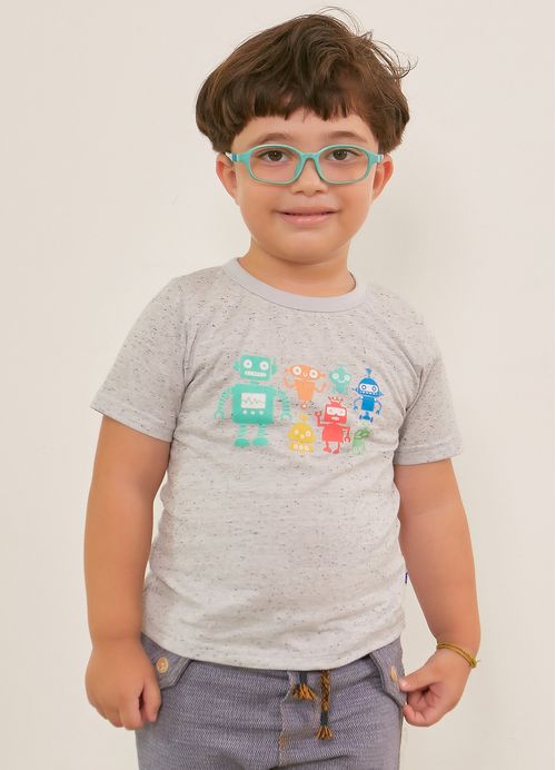 Camiseta Infantil Menino Estampa Robozinho – Tam. 2 a 12 anos – Cinza e Cru