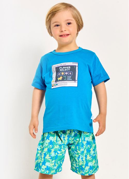 Conjunto Infantil  Menino Camiseta + Bermuda Estampa Play Select - Tam. 2 a 12 anos – Azul Forte e Verde