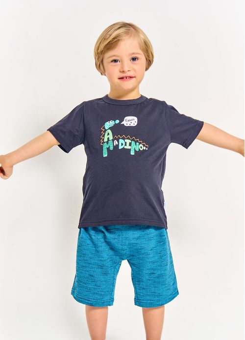 Conjunto Infantil  Menino Camiseta + Bermuda Estampa Dino - Tam. 2 a 12 anos – Preto e Azul Forte