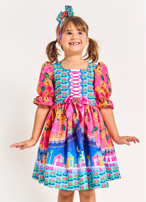 Vestido Arraiá Baum Demais - Tam. 2 a 12 anos – Verde e Rosa