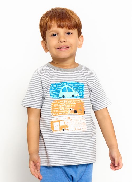 Camiseta Infantil Menino Estampa Carros– Tam. 2 a 12 anos – Off White e Mescla