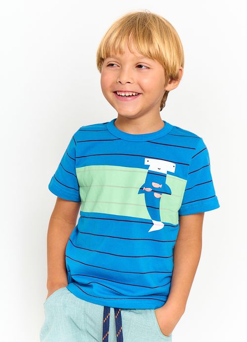 Camiseta Infantil Menino Estampa Mar– Tam. 2 a 12 anos – Azul Forte