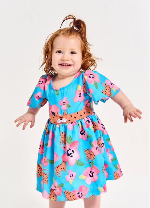 Conjunto Infantil Bebê Vestido + Calcinha Minha Amiga Oncinha - Tam. 3 a 18 meses – Azul