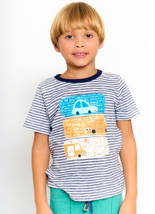 Camiseta Infantil Menino Estampa Carros– Tam. 2 a 12 anos – Branco e Cinza e Off White e Marinho
