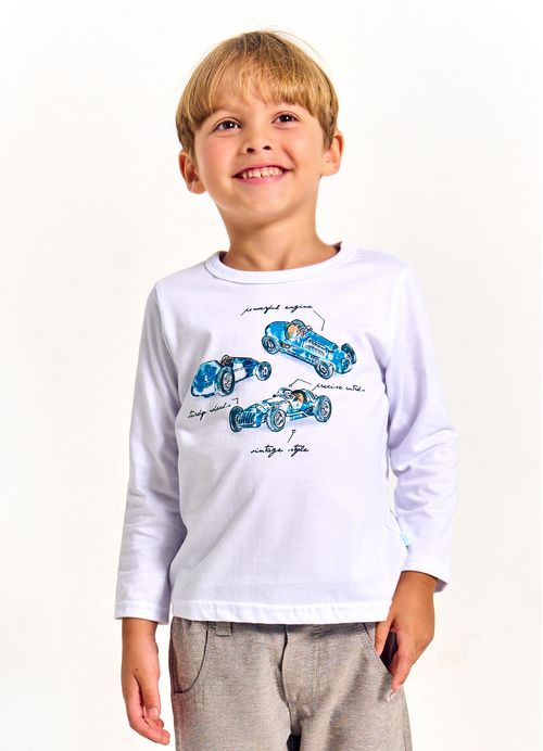 Camiseta Infantil Menino Estampa Carros - Tam. 2 a 12 anos – Branco