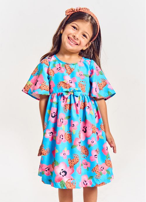 Vestido Infantil Estampa Minha Amiga Oncinha - Tam. 2 a 12 anos –  Azul