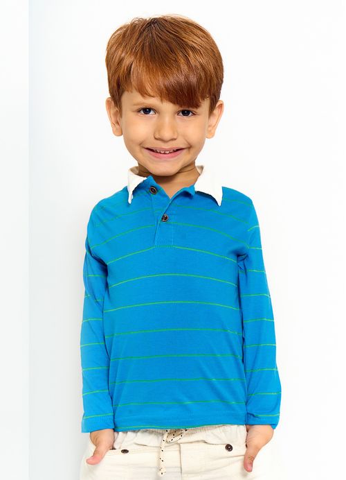 Camiseta Polo Infantil Menino Estampa Listras– Tam. 2 a 12 anos –Azul Forte