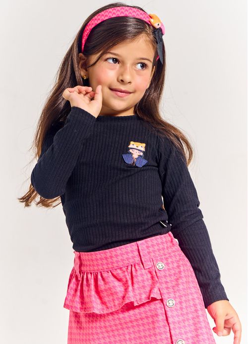 Blusa Infantil Menina Estampa Pied Poule Raposinha – Tam. 2 a 12 anos – Rosa e Preto