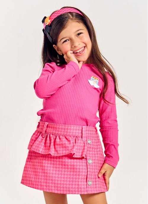 Short Saia Infantil Menina Estampa Pied Poule Raposinha – Tam. 2 a 12 anos – Rosa