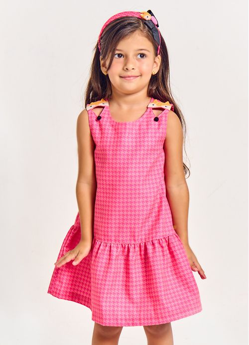 Vestido Infantil Estampa Pied Poule Raposinha – Tam. 2 a 12 anos – Rosa
