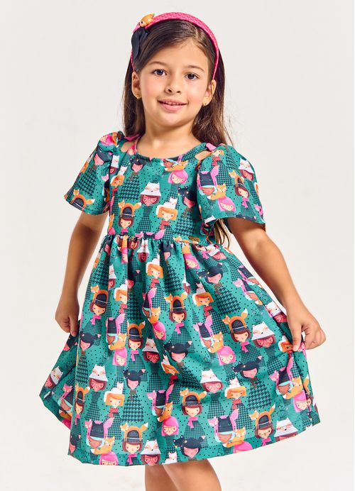 Vestido Infantil Estampa Pied Poule Raposinha – Tam. 2 a 12 anos – Verde Botton