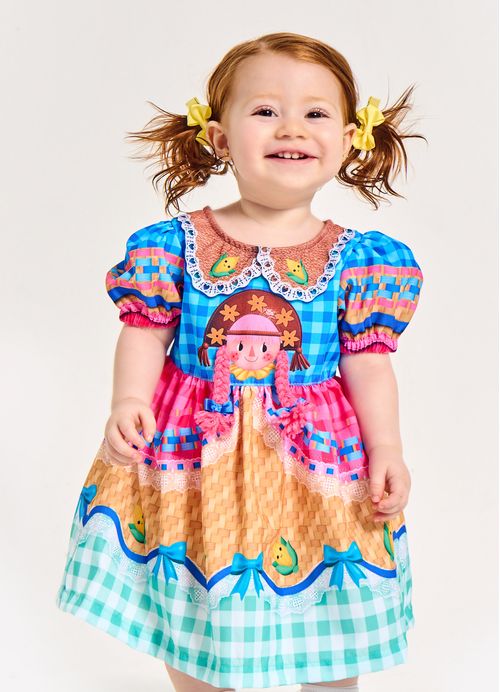 Vestido Arraiá Baum Demais - Tam. 9 a 12 meses –Azul e Rosa