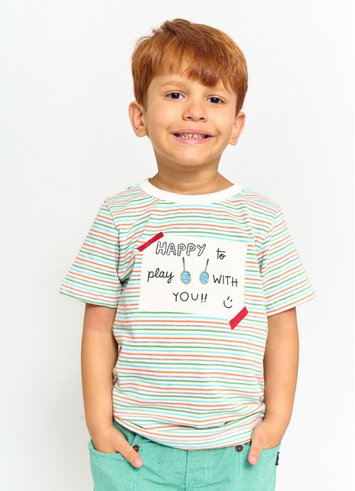 Camiseta Infantil Menino Estampa Happy– Tam. 2 a 12 anos – Chumbo e Azul