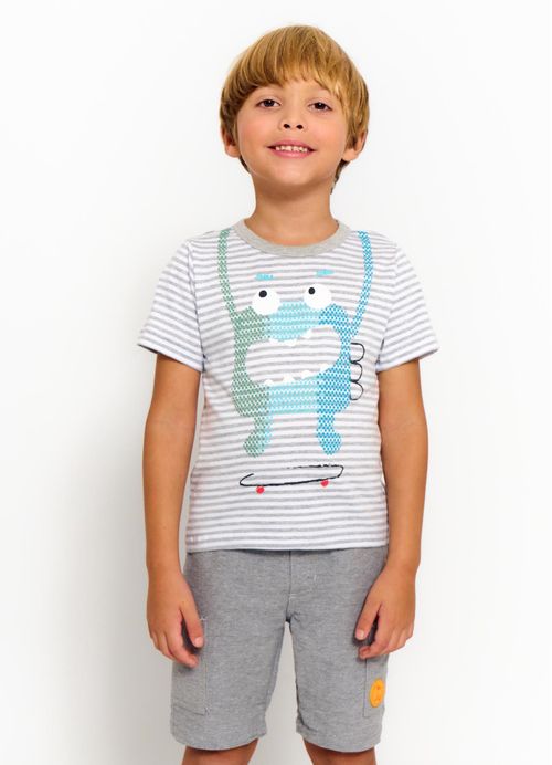 Camiseta Infantil Menino Estampa Skate Monster– Tam. 2 a 12 anos –Branco e Cinza