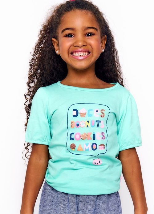 Blusa Infantil Menina Estampa Love Brigadeiro – Tam. 2 a 12 anos – Azul e Esmeralda